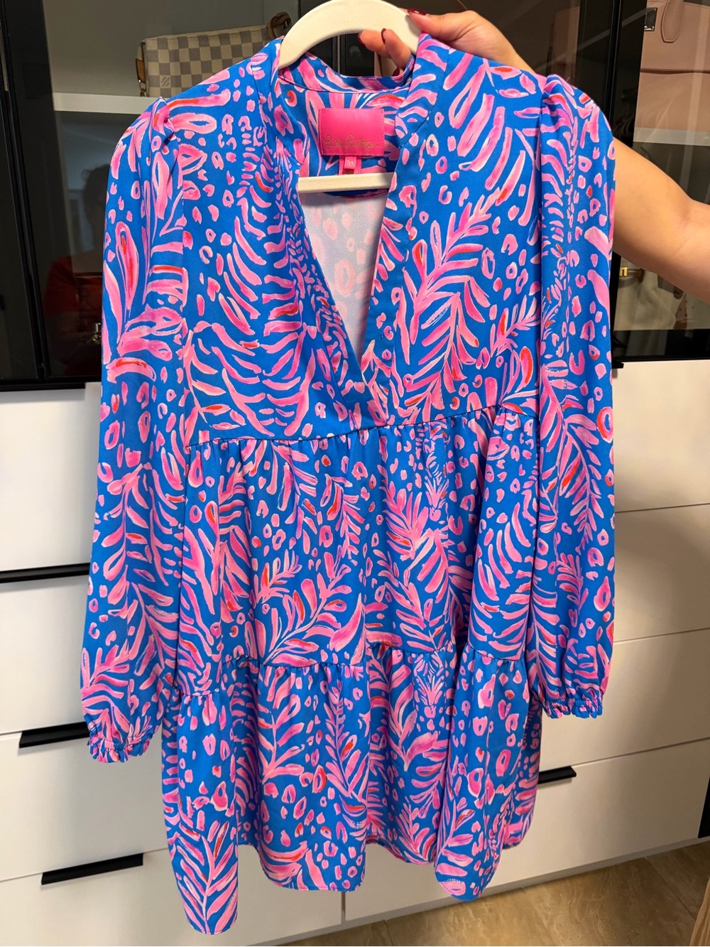 Lilly Pulitzer Royal Blue Long Sleeve Dress with Pink Leaf Print